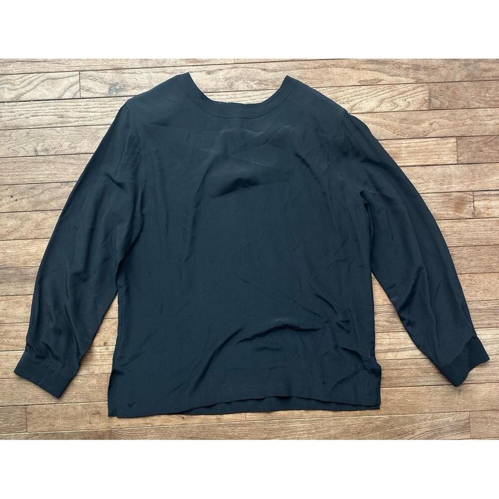 Clichy Silk‎ Vintage Blouse Size 12 Black Long Sleeve Crew Neck Minimalist Chic